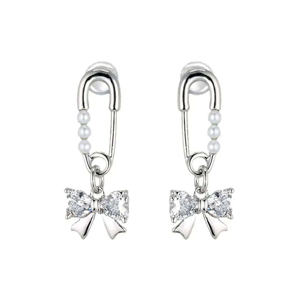 Pin & bow drop earrings - standart / silver - earrings