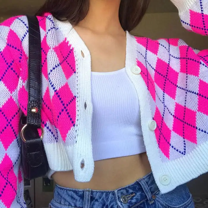 Pink argyle check cardigan