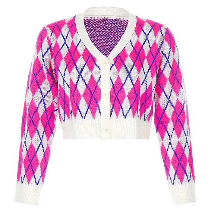 Pink argyle check cardigan