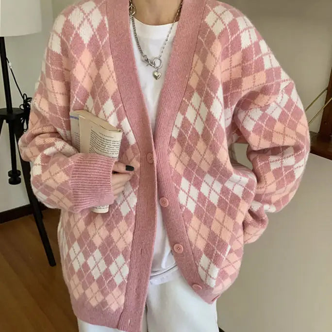 Pink argyle knit cardigan - sweaters