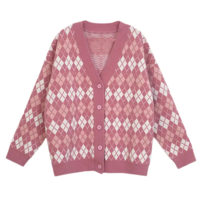 Pink argyle knit cardigan - sweaters