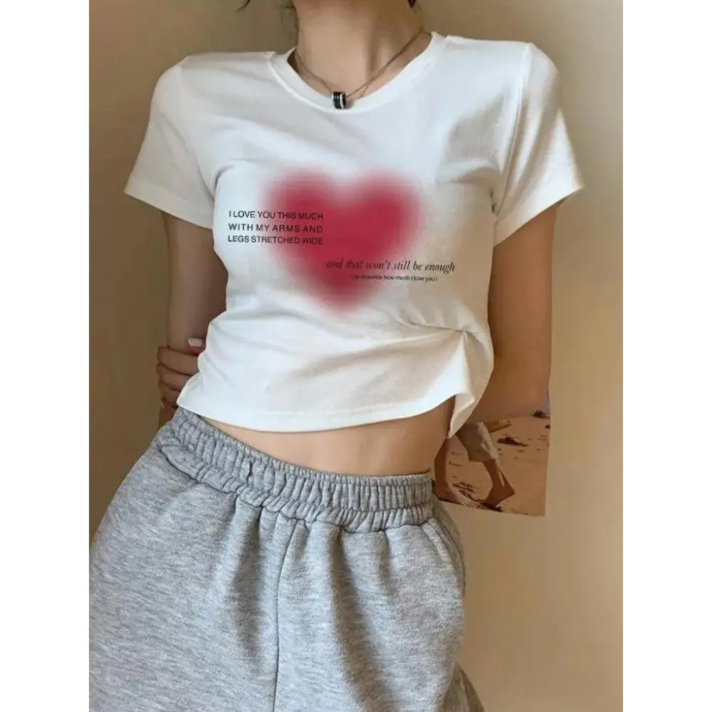 Y2k inspired tee with pink heart and love message - white / xs