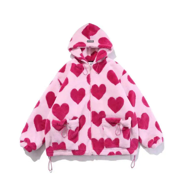 Pink hooded jacket with heart pattern and adjustable drawstring hood