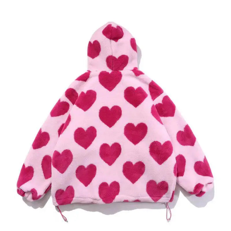 Pink hooded jacket with heart pattern and adjustable drawstring hood