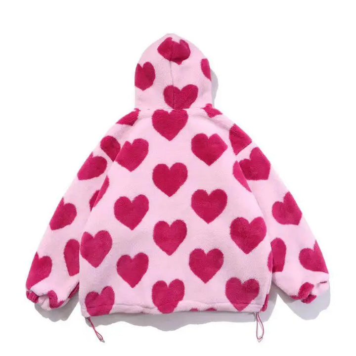 Pink hooded jacket with heart pattern and adjustable drawstring hood