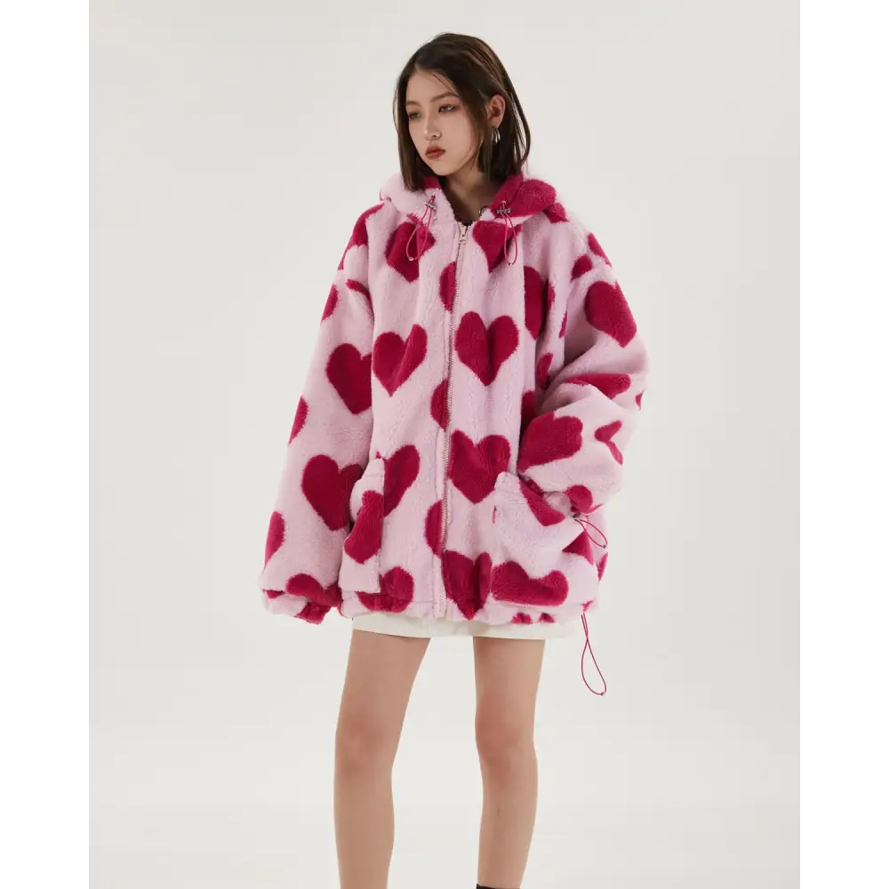 Pink heart pattern hooded jacket