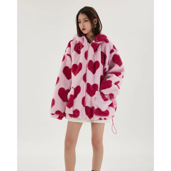 Pink heart pattern hooded jacket