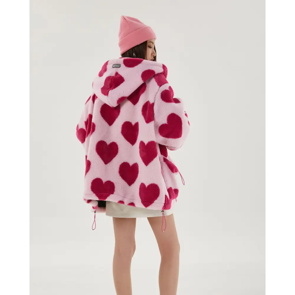 Pink hooded jacket with heart pattern and adjustable drawstring hood - s