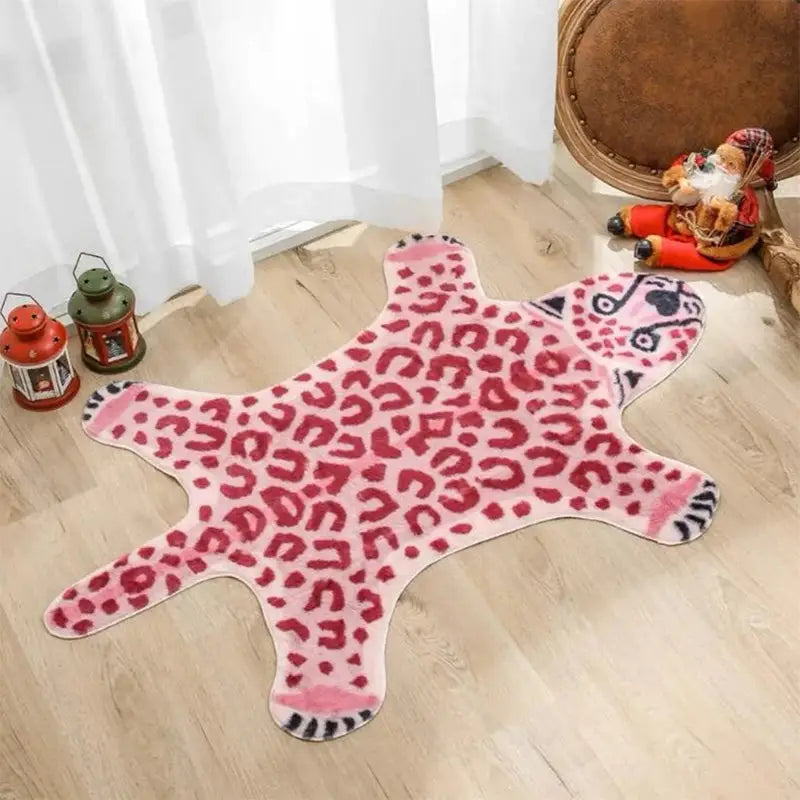 Pink preppy leopard rug for a chic aesthetic bedroom - rugs