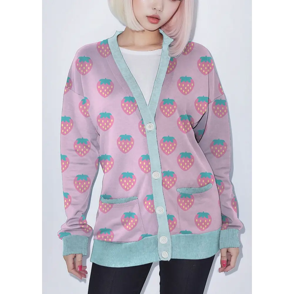 Pink strawberry kawaii fleece cardigan - s