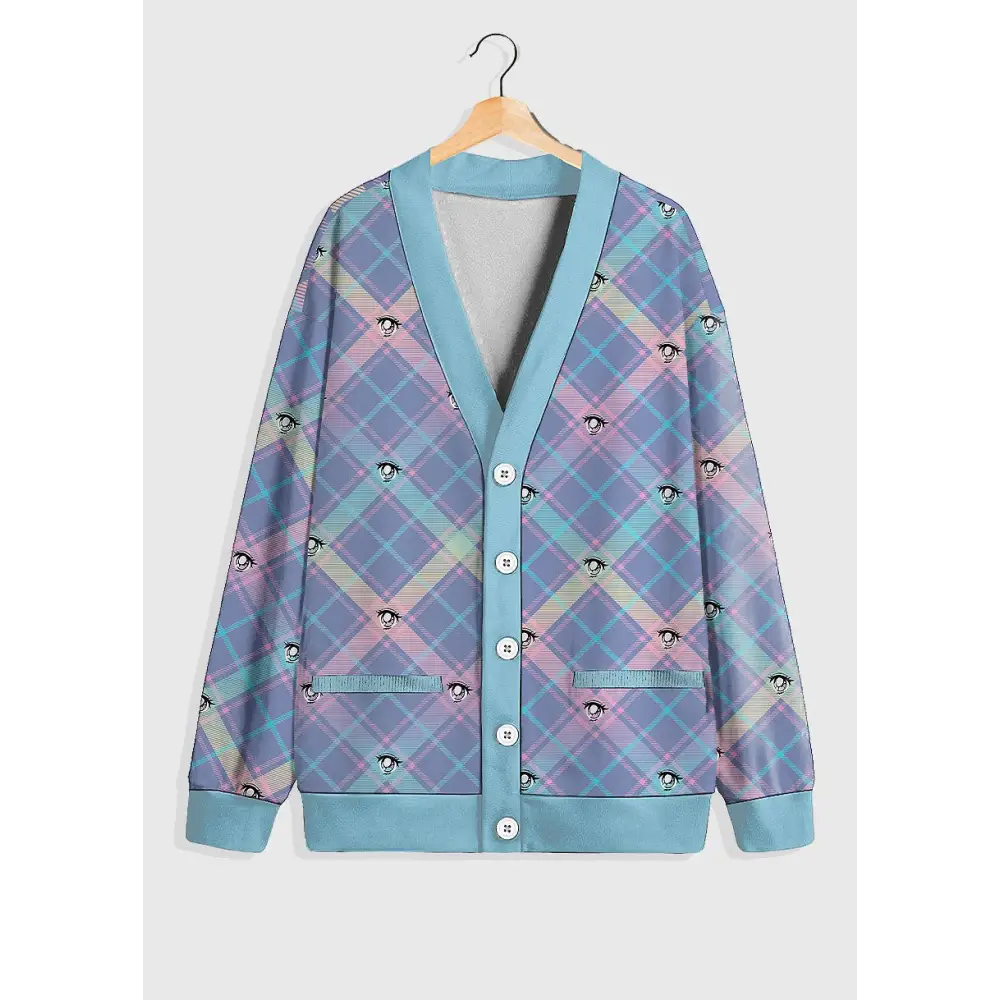 Plus size anime eye plaid fleece cardigan