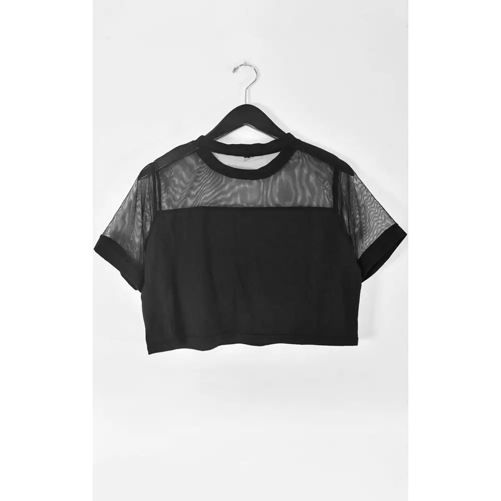 Plus size black cotton crop tee with stylish mesh sleeves - shirts & tops