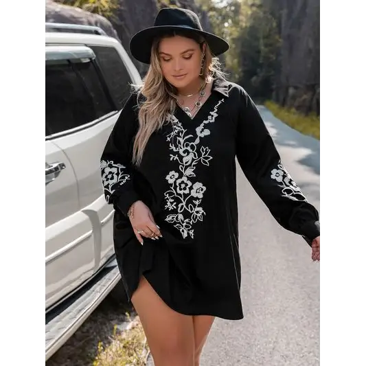 Plus size embroidered long sleeve mini dress