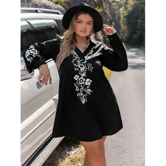 Plus size embroidered long sleeve mini dress - black / 0xl