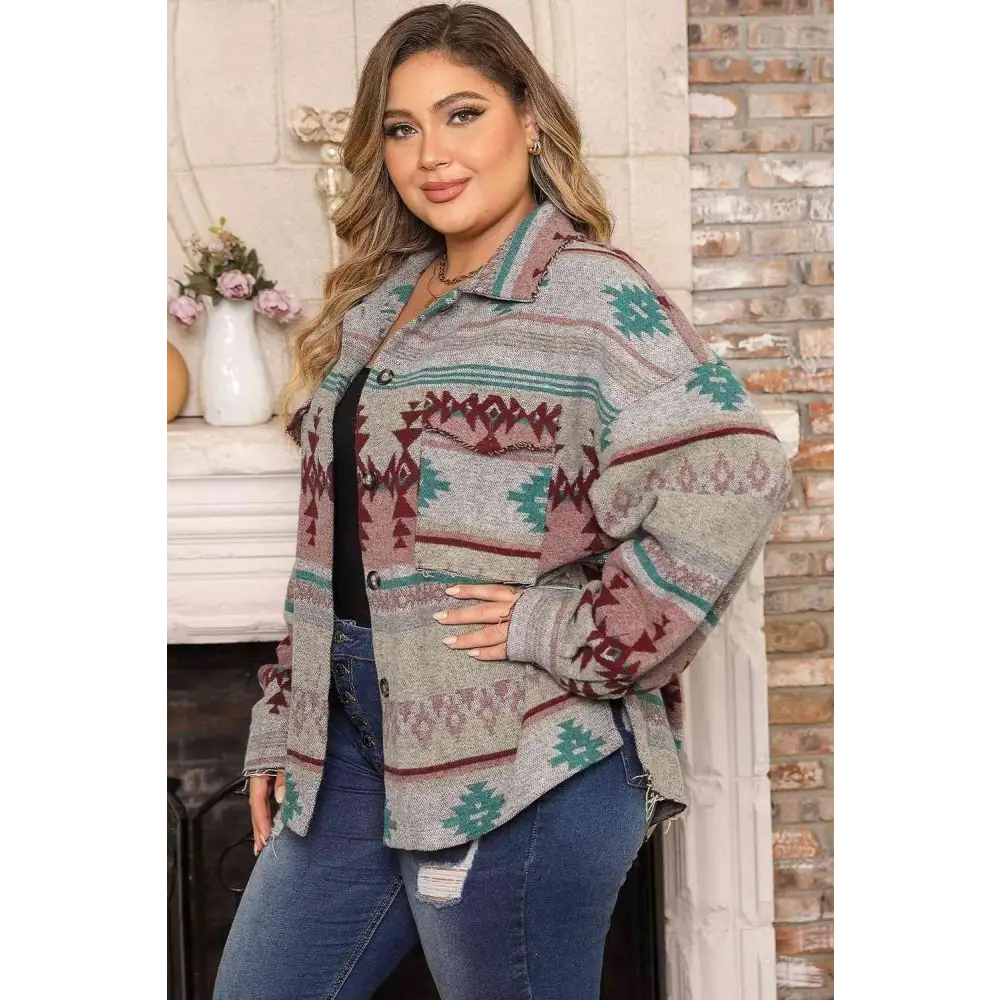 Plus size geometric slit button up jacket