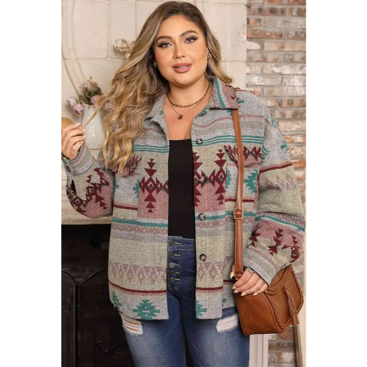 Plus size geometric slit button up jacket - charcoal / 1xl