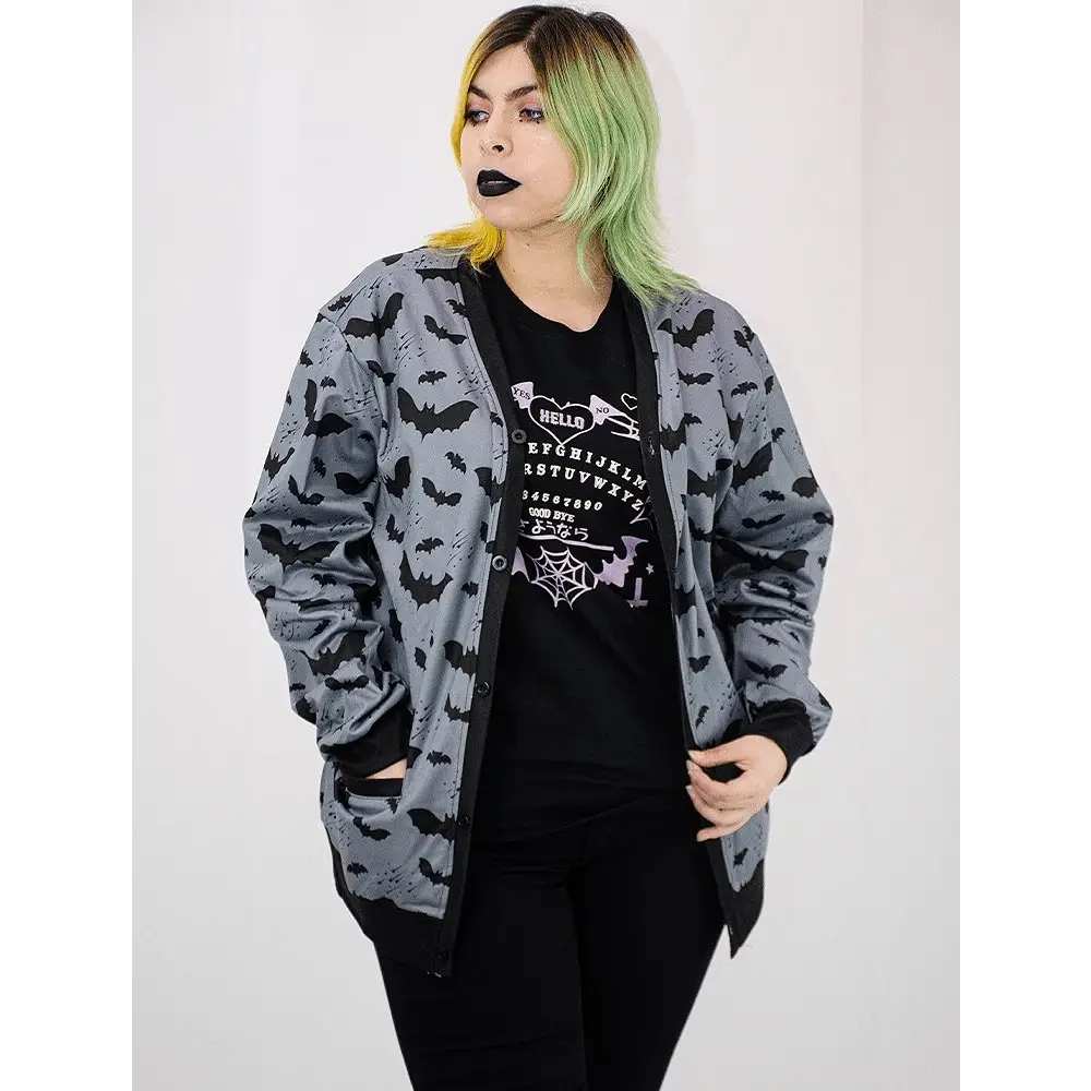 Plus size grey bat pattern cardigan sweater - 1x / plus size cardigan