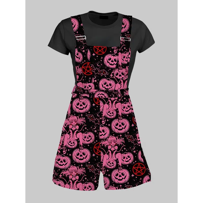 Plus size halloween anime overall shorts - 1x / black-rose