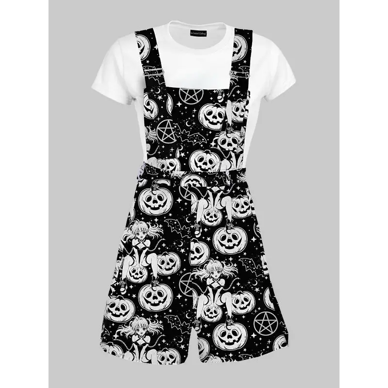 Plus size halloween anime overall shorts - 1x / black-white