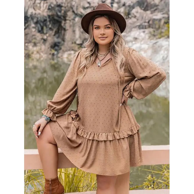 Plus size hippie dot flounce sleeve mini dress - tan / 0xl