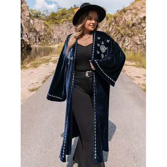 Plus size hippie embroidery open front long sleeve cardigan