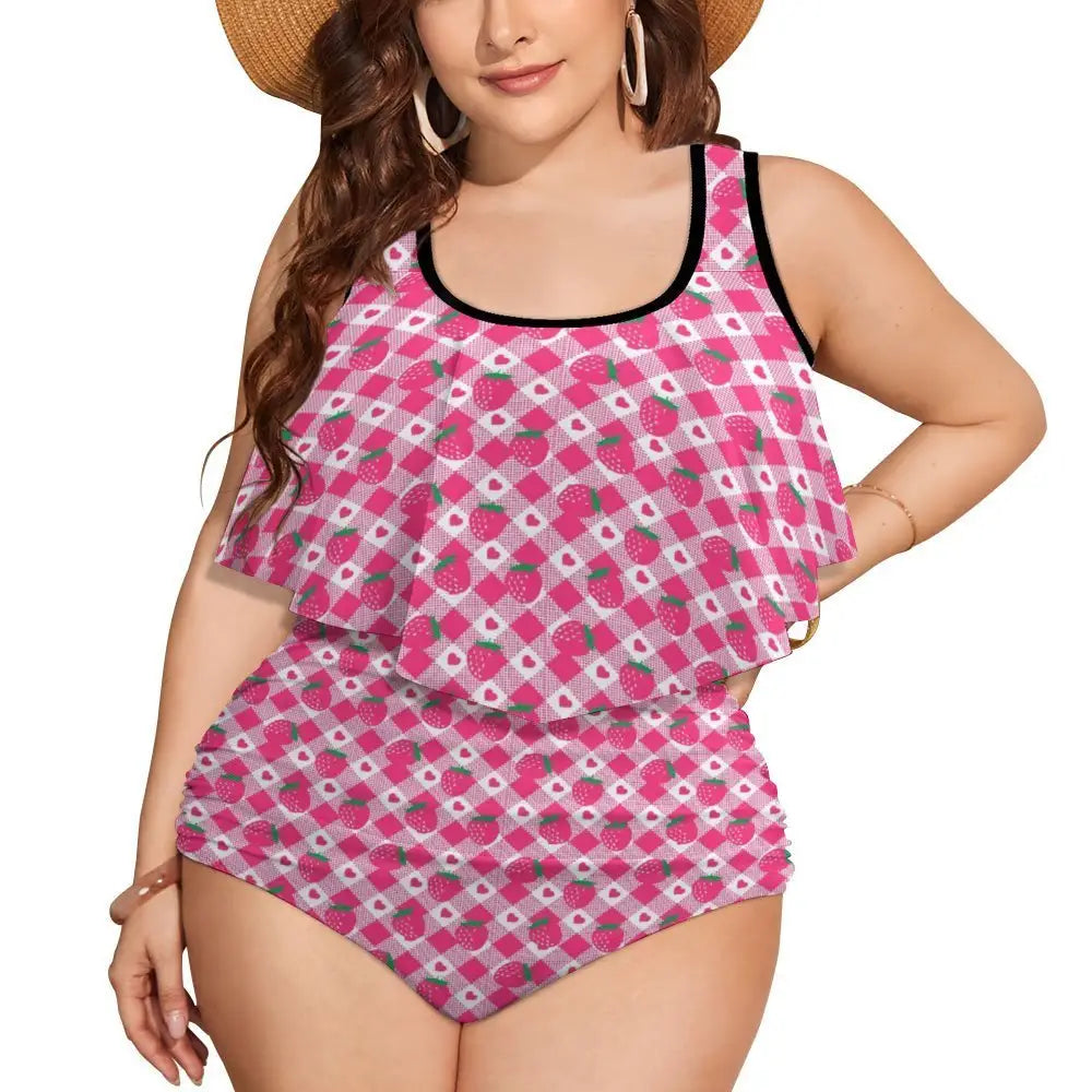 Plus size kawaii strawberry two-piece swimsuit - pink / xl