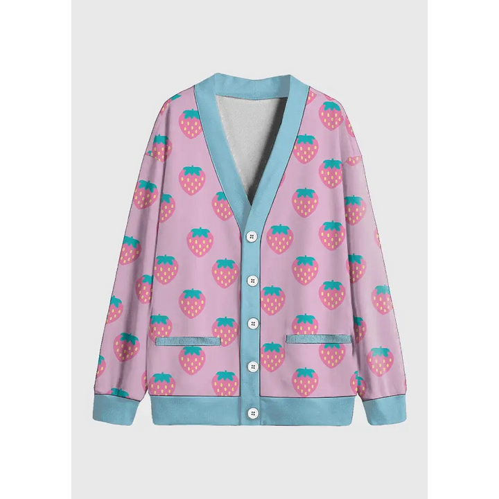 Plus size pink strawberry kawaii fleece cardigan - 1x