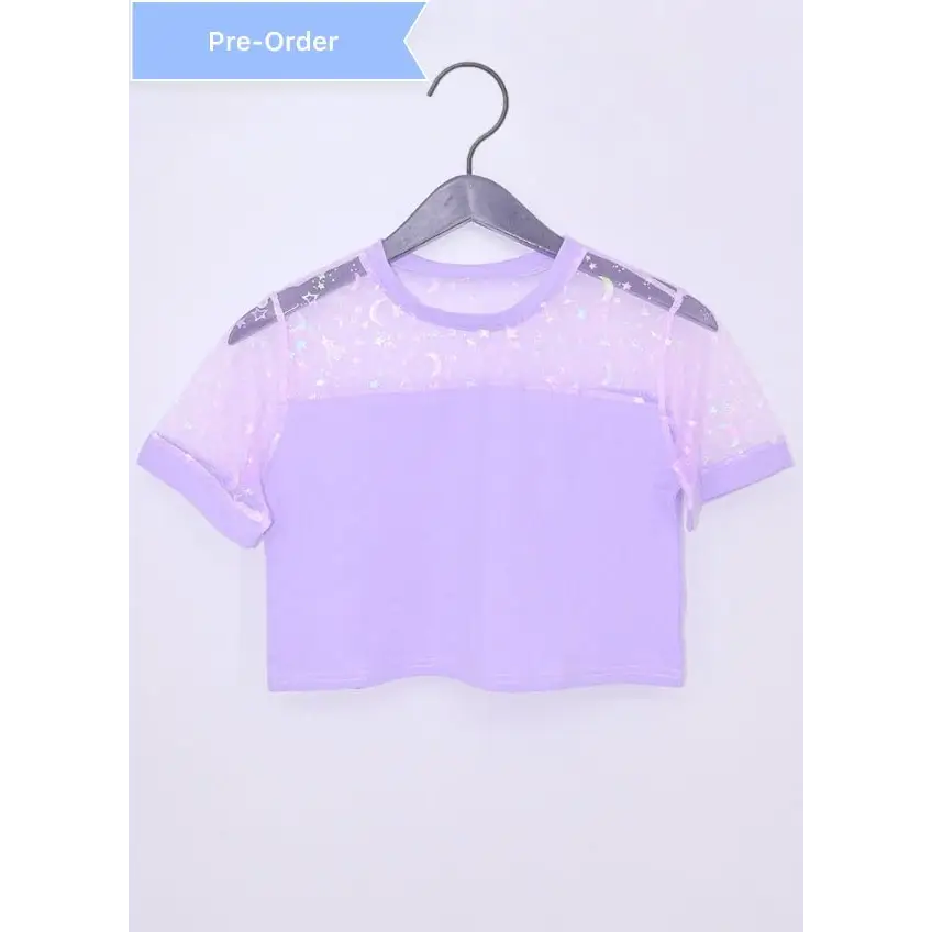 Y2k crop tee with iridescent mesh sleeves and shoulders - 1x / lilac - plus size tops