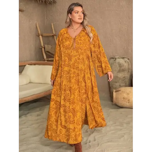 Plus size printed slit long sleeve hippie dress