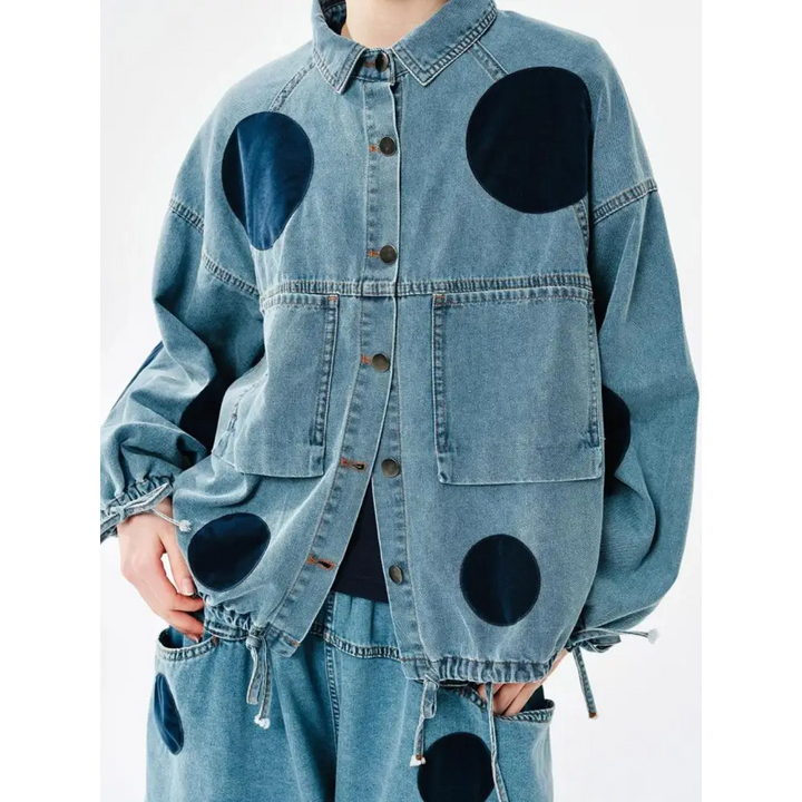 Playful polka dot denim jacket with relaxed fit y2k style