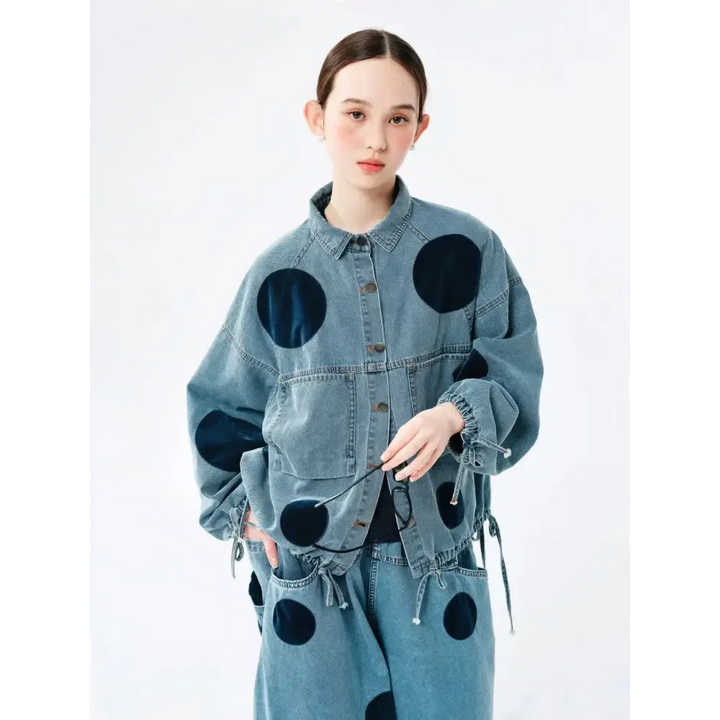 Polka dot button up denim jacket - blue / s