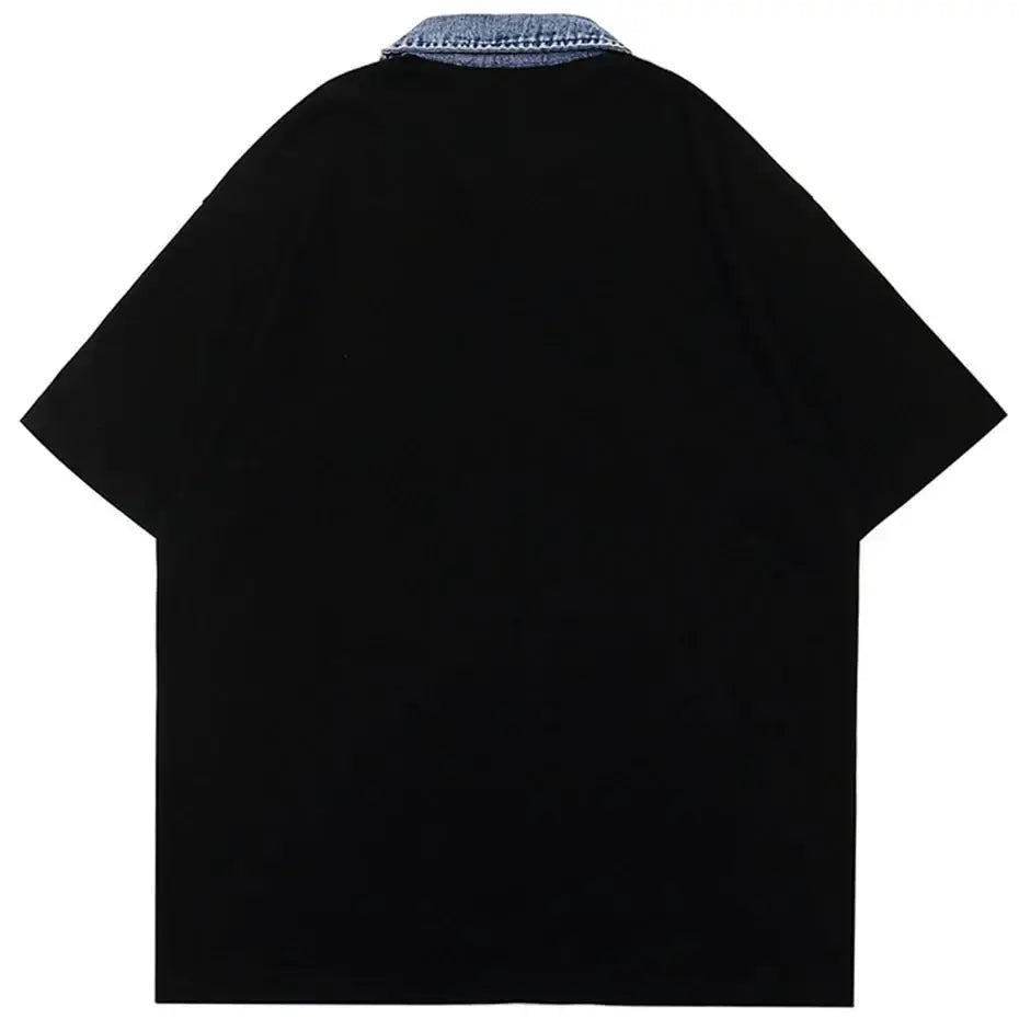 Polo shirt with denim collar - oversized men’s y2k streetwear