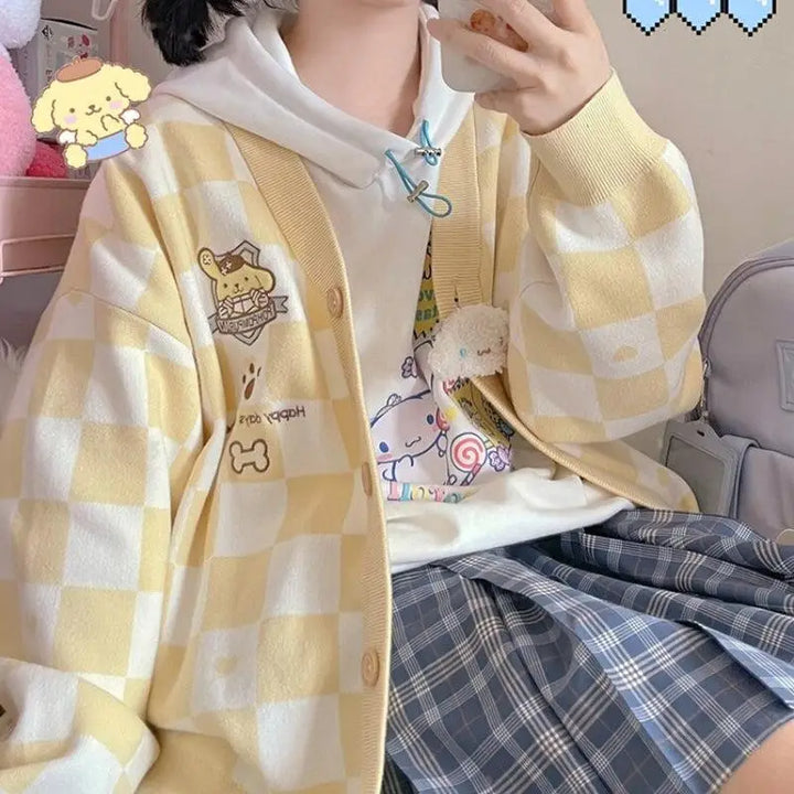 Kawaii yellow cardigan with pompurin embroidery for y2k style