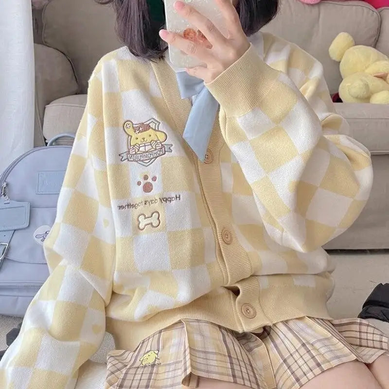 Kawaii yellow cardigan with pompurin embroidery for y2k style