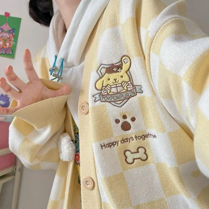 Kawaii yellow cardigan with pompurin embroidery for y2k style