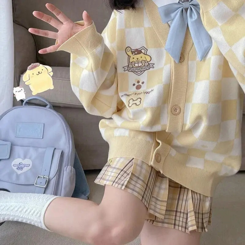 Kawaii yellow cardigan with pompurin embroidery for y2k style - s