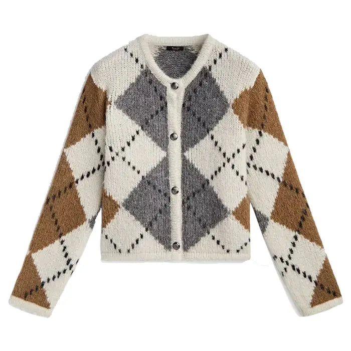 Preppy aesthetic argyle cardigan - xs / brown