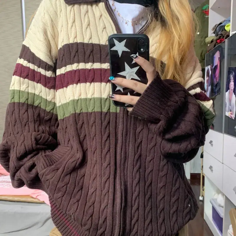 Preppy aesthetic striped cardigan for y2k fashion lovers - s / brown