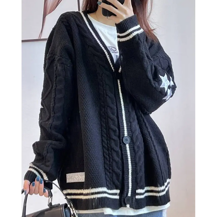 Oversized stargirl aesthetic cardigan with star embroidery