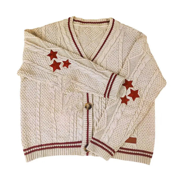 Oversized stargirl aesthetic cardigan with star embroidery - s / beige