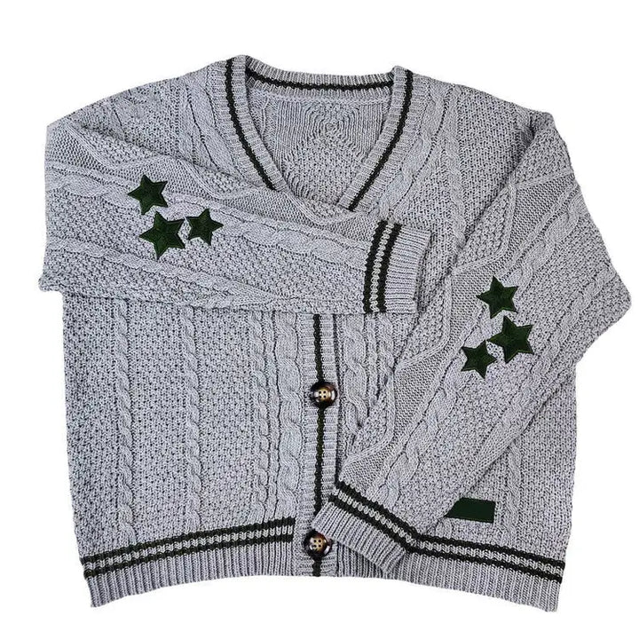 Oversized stargirl aesthetic cardigan with star embroidery - s / grey