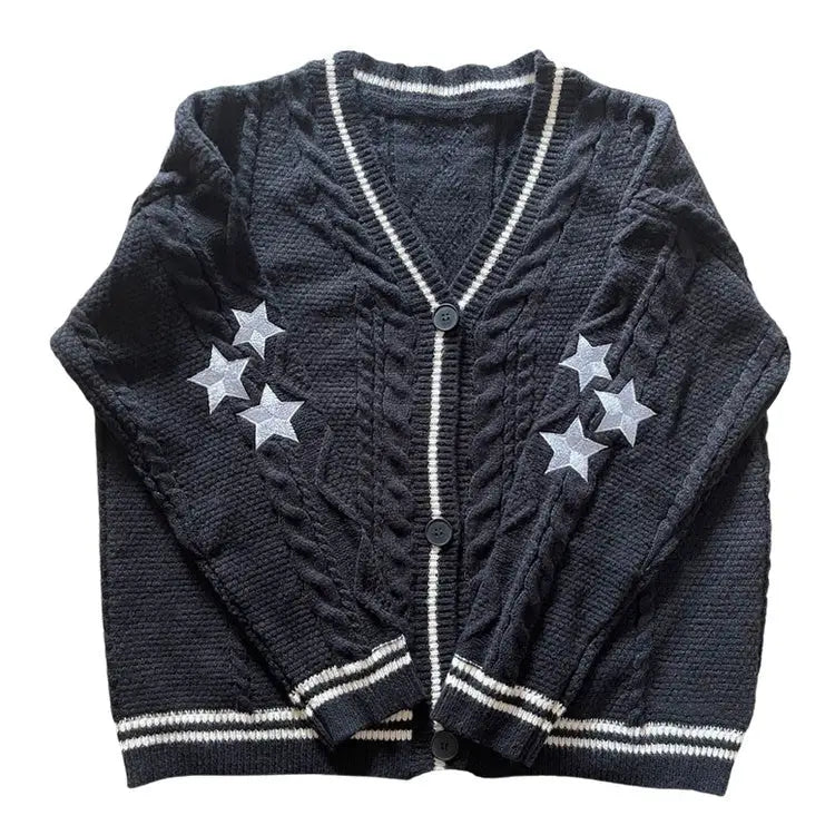 Oversized stargirl aesthetic cardigan with star embroidery - s / navy blue