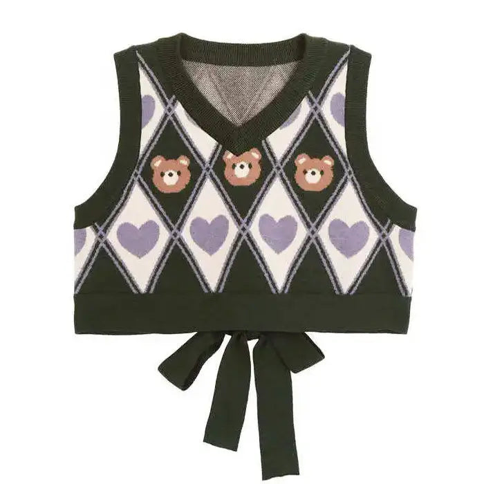 Preppy bear argyle crop vest