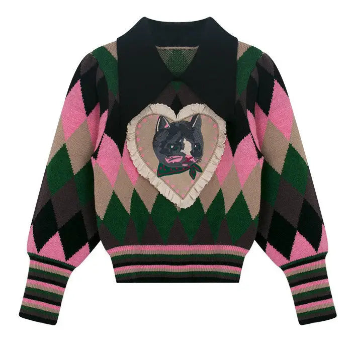 Preppy cat argyle collar jumper - free size / multi - sweaters