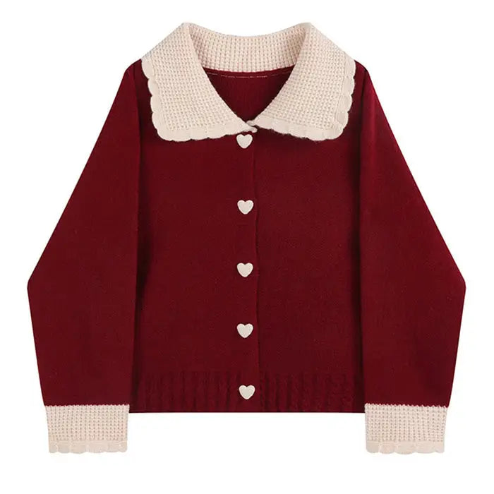 Preppy collar knit cardigan - free size / red