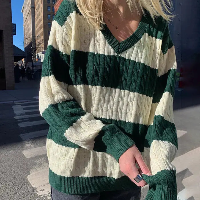 Preppy girl striped jumper - s / green/white - sweater