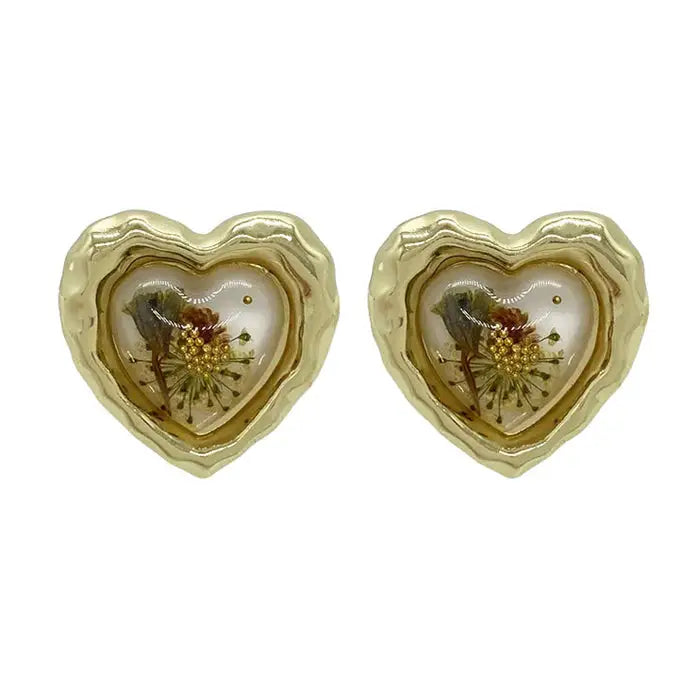 Pressed flower vintage heart earrings - standart / gold - earrings