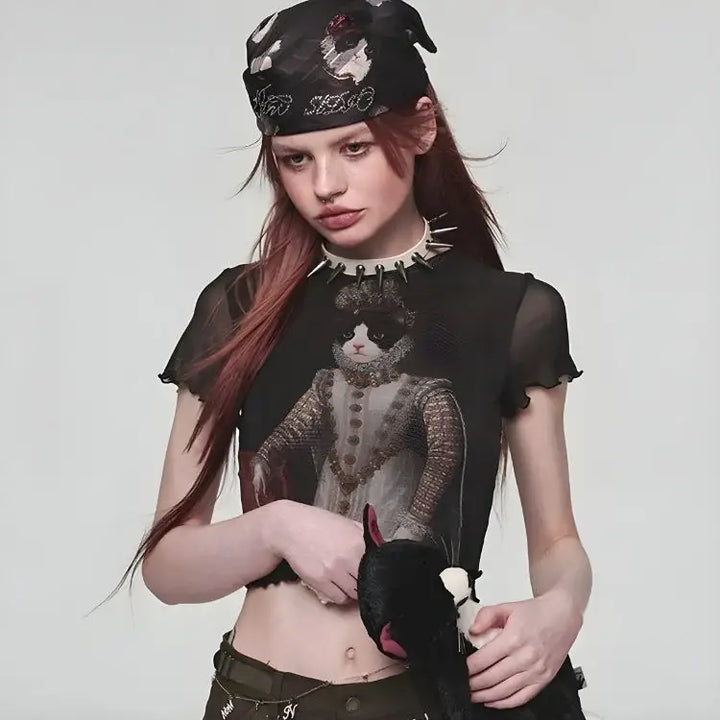 Cat princess mesh crop top for y2k streetwear style