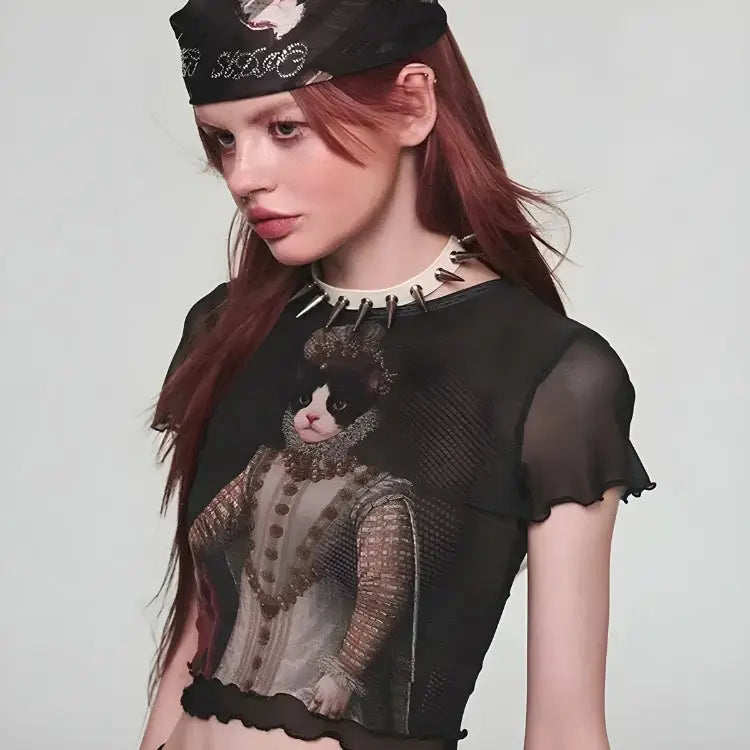 Cat princess mesh crop top for y2k streetwear style