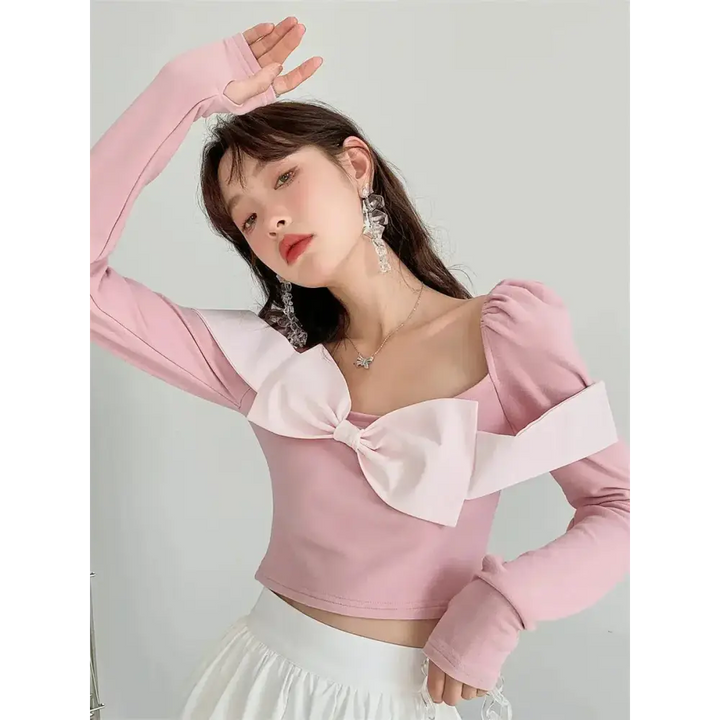 Unique crop top with puff shoulders and detachable bow - pink / s